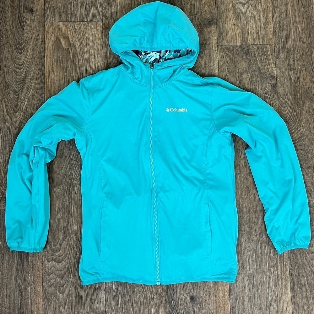 Columbia Girls Size L 14/16 Reversible Blue Floral Full Zip Windbreaker Jacket - Picture 3 of 6